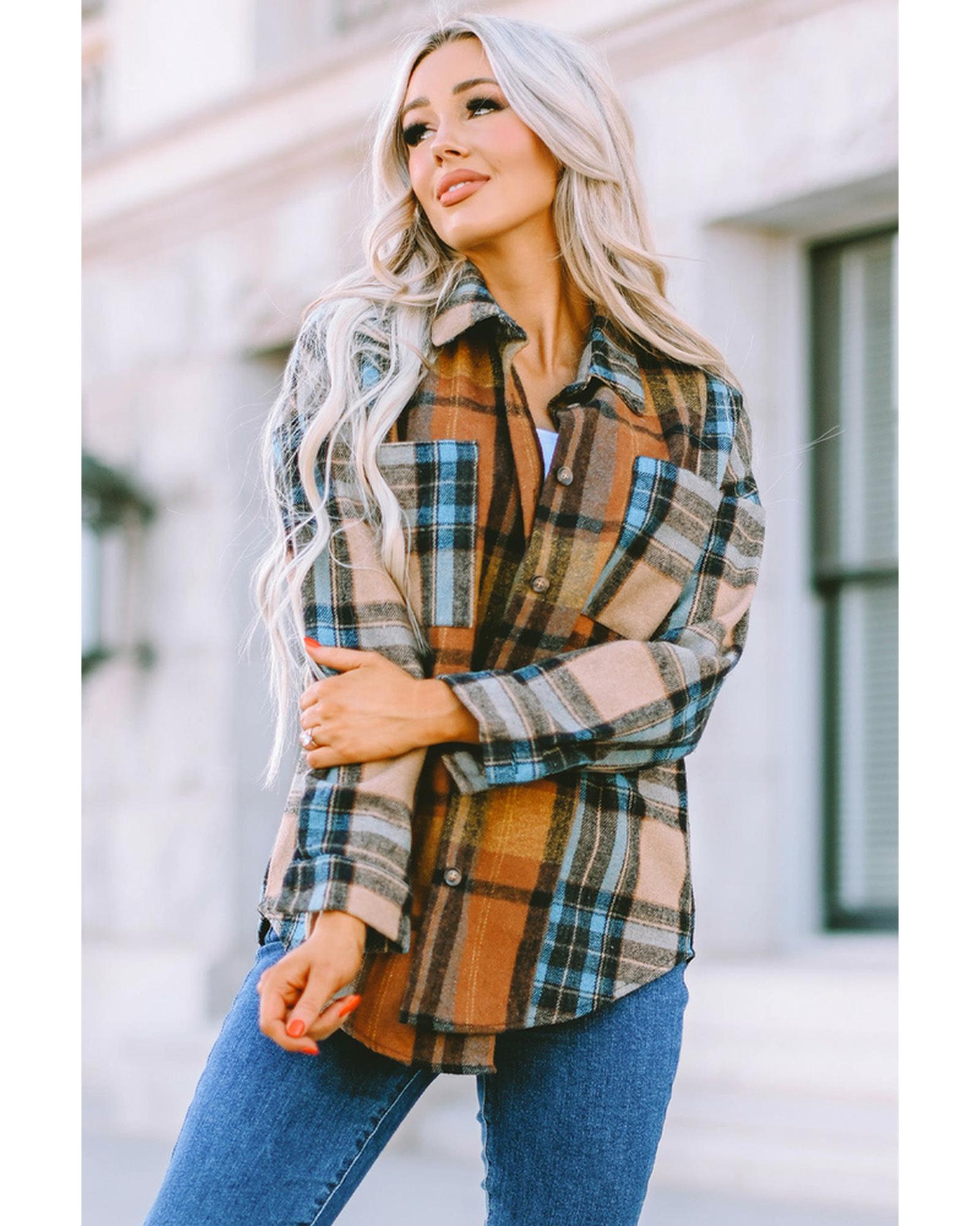 Azura Exchange Color Block Plaid Shirt with Buttoned Details - S