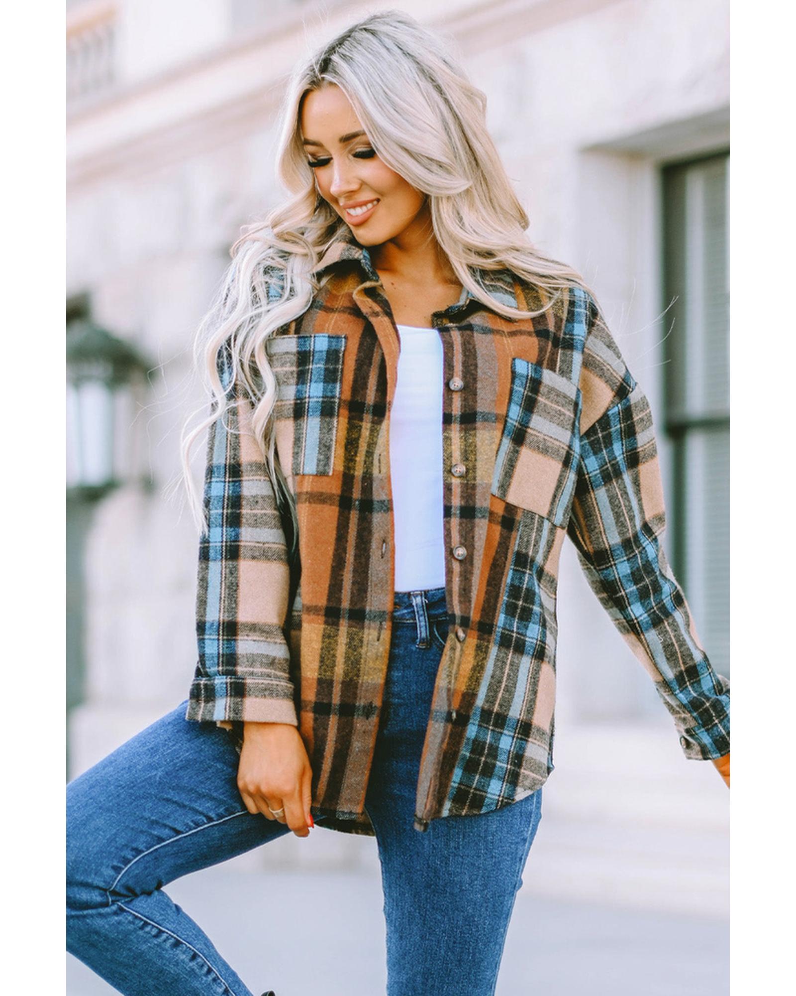 Azura Exchange Color Block Plaid Shirt with Buttoned Details - S