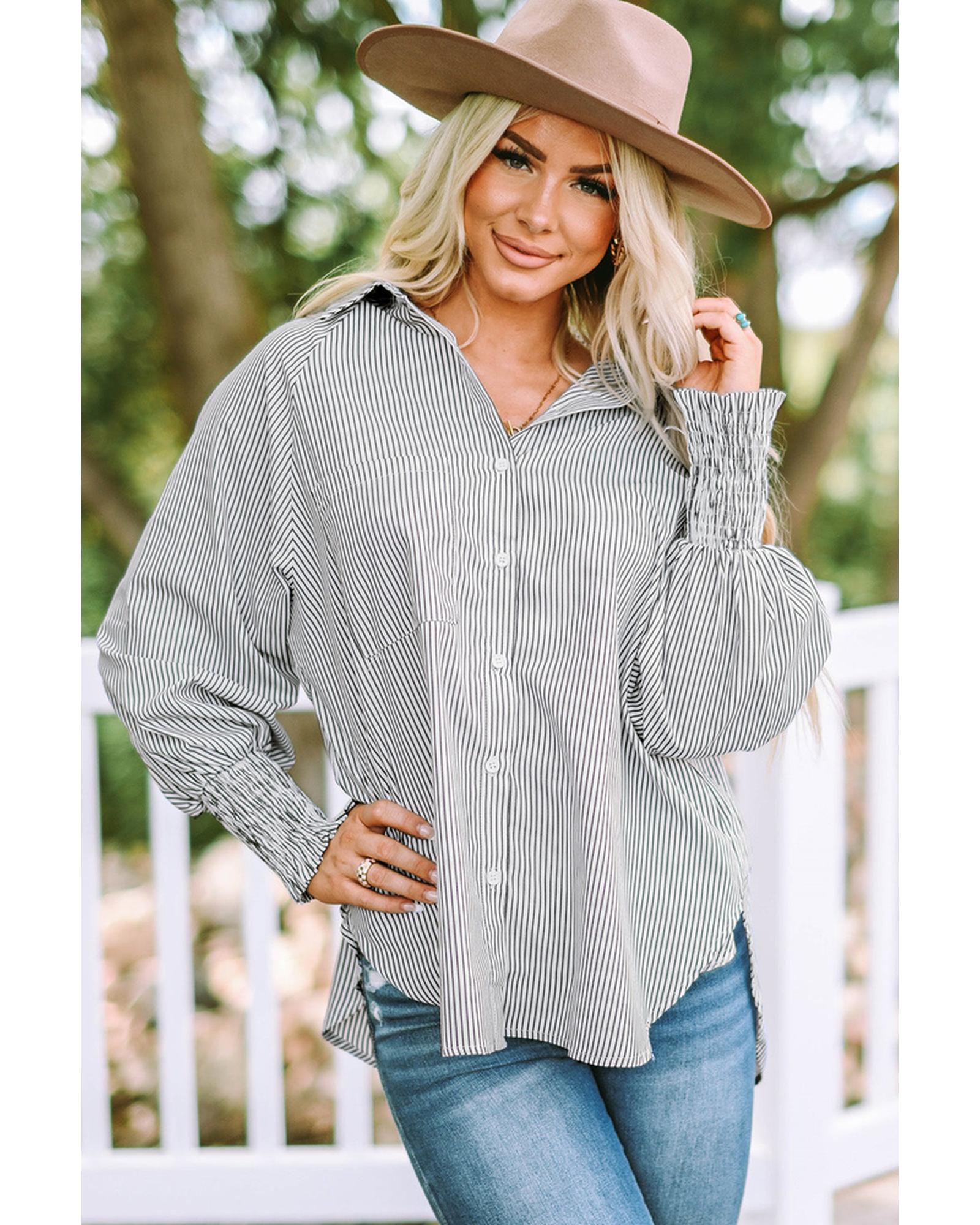 Azura Exchange Striped Boyfriend Shirt with Smocked Cuffs and Pocket - S