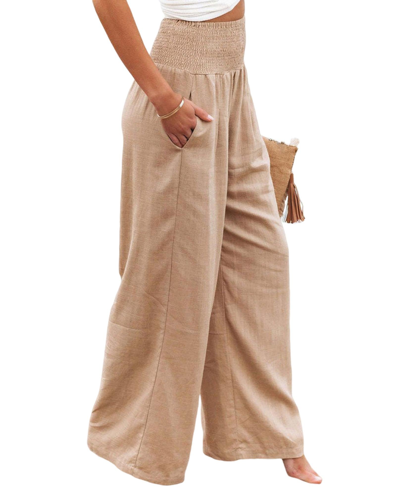 Azura Exchange Smocked High Waist Wide Leg Pants in Khaki - M