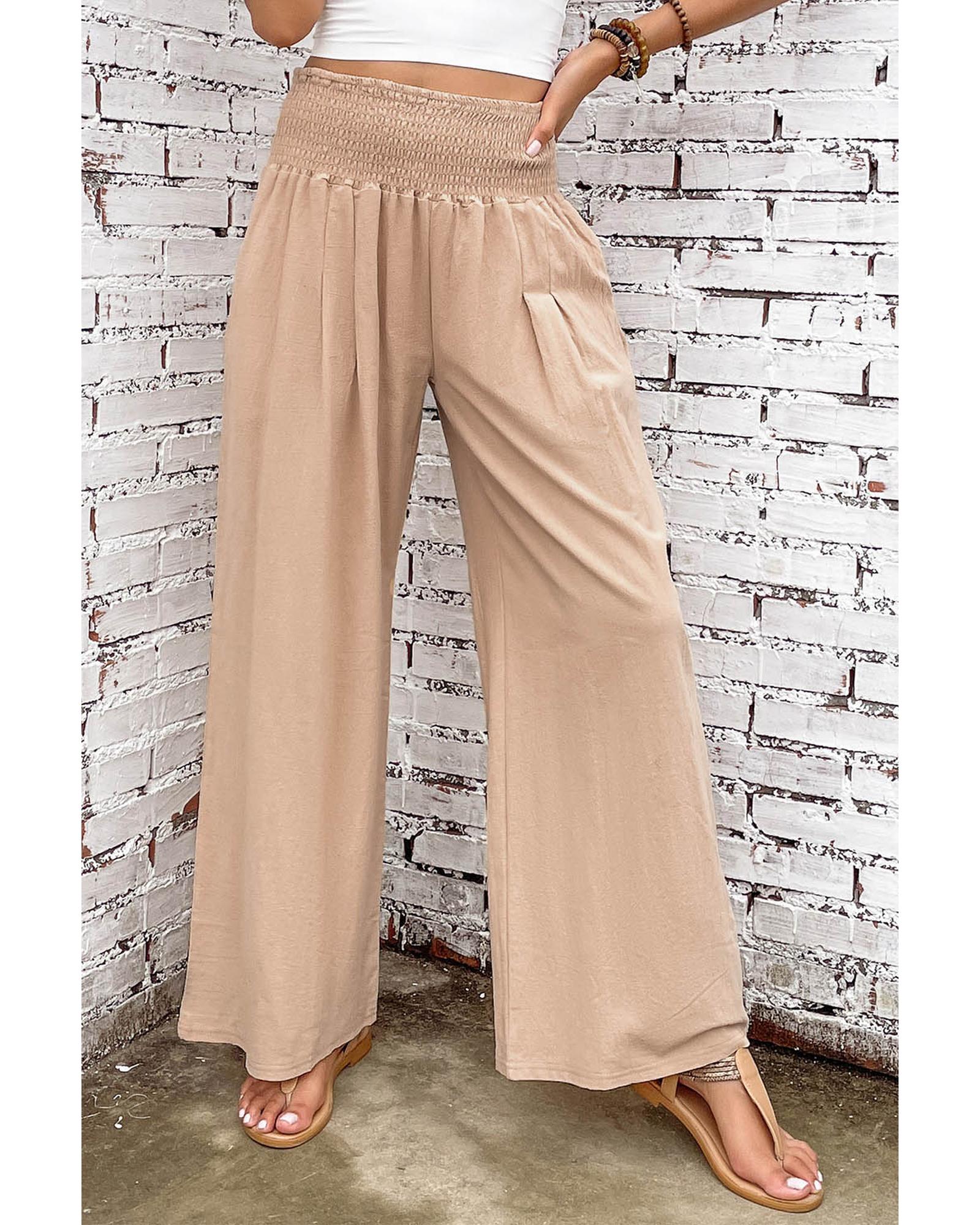 Azura Exchange Smocked High Waist Wide Leg Pants in Khaki - M