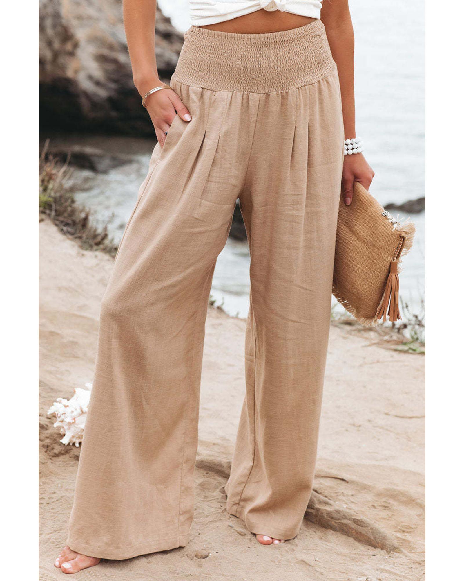 Azura Exchange Smocked High Waist Wide Leg Pants in Khaki - M