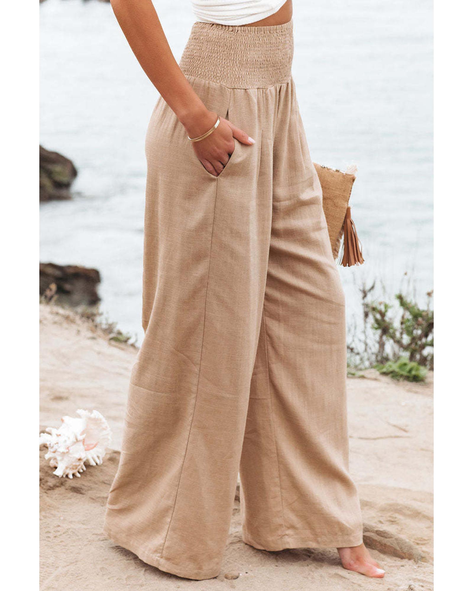 Azura Exchange Smocked High Waist Wide Leg Pants in Khaki - M