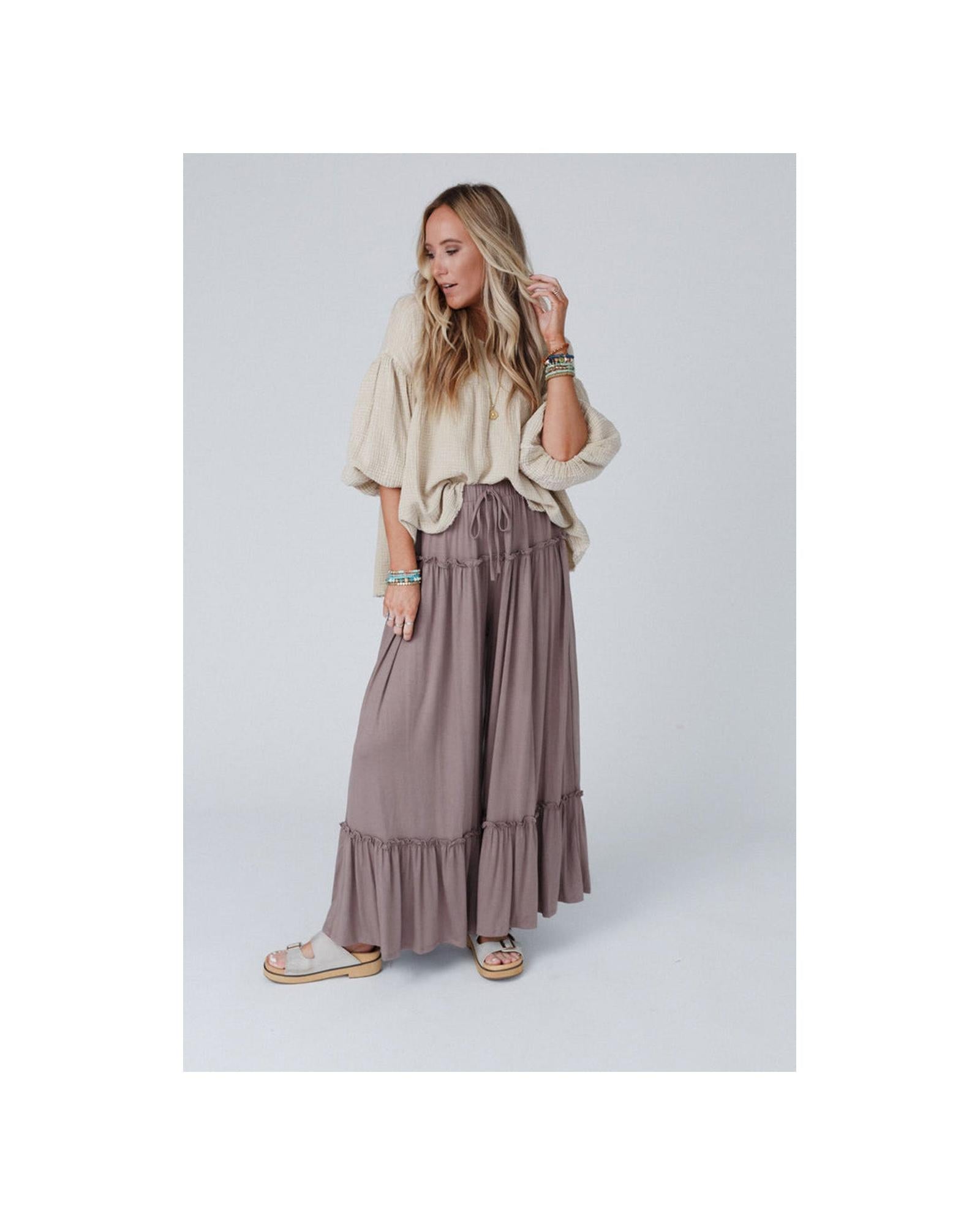 Azura Exchange Frilled Drawstring High Waist Wide Leg Pants - M