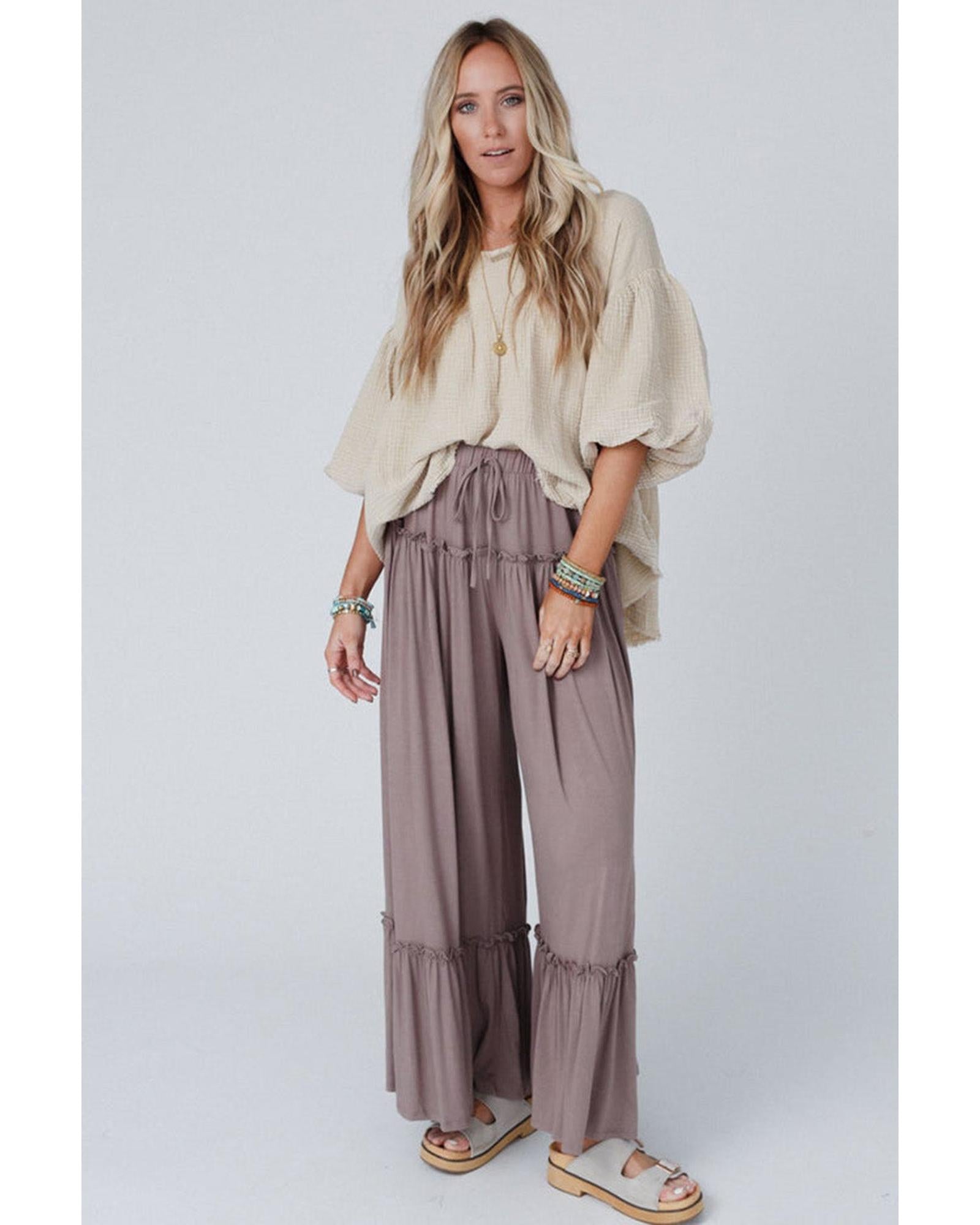 Azura Exchange Frilled Drawstring High Waist Wide Leg Pants - M