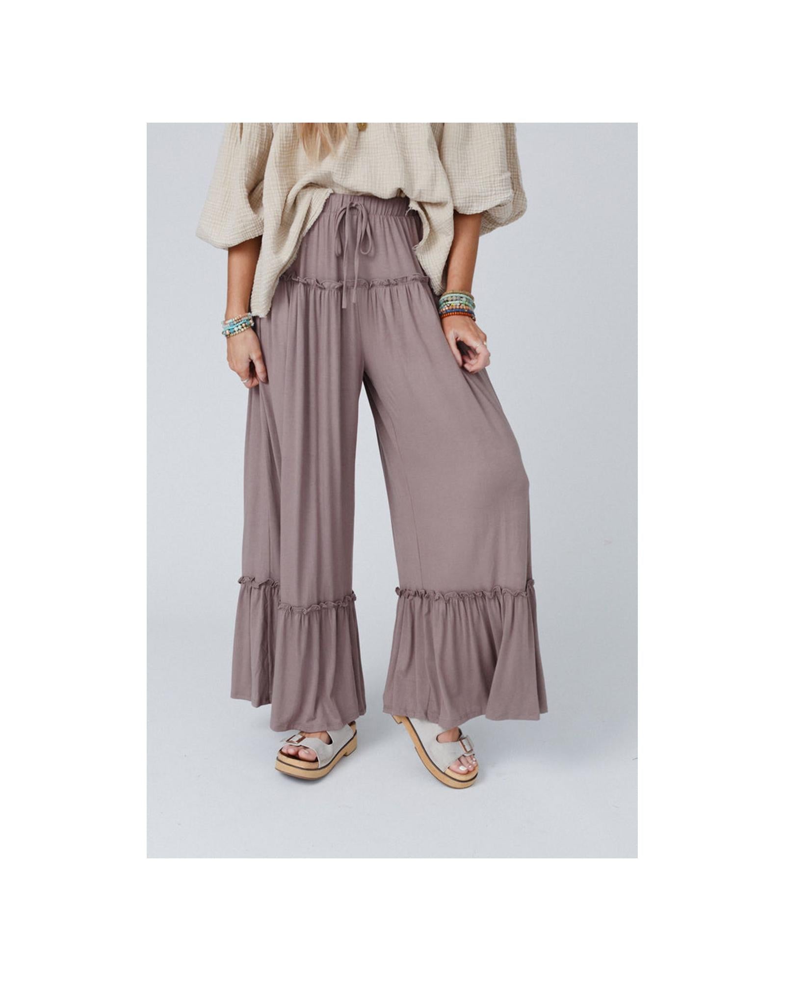 Azura Exchange Frilled Drawstring High Waist Wide Leg Pants - M