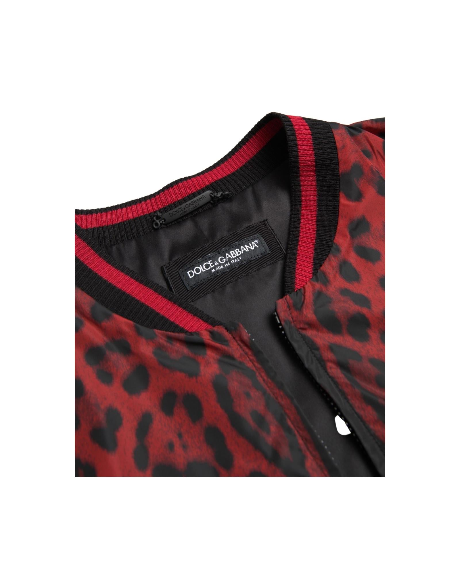 Dolce & Gabbana Men's Red Leopard Bomber Short Coat Jacket - 44 IT