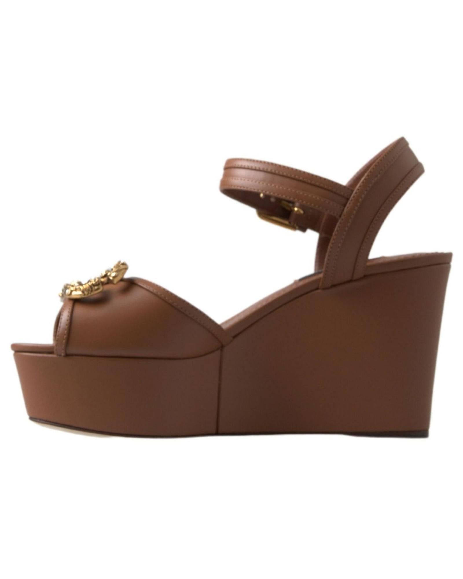 Dolce & Gabbana Women's Brown Leather AMORE Wedges Sandals Shoes - 36 EU