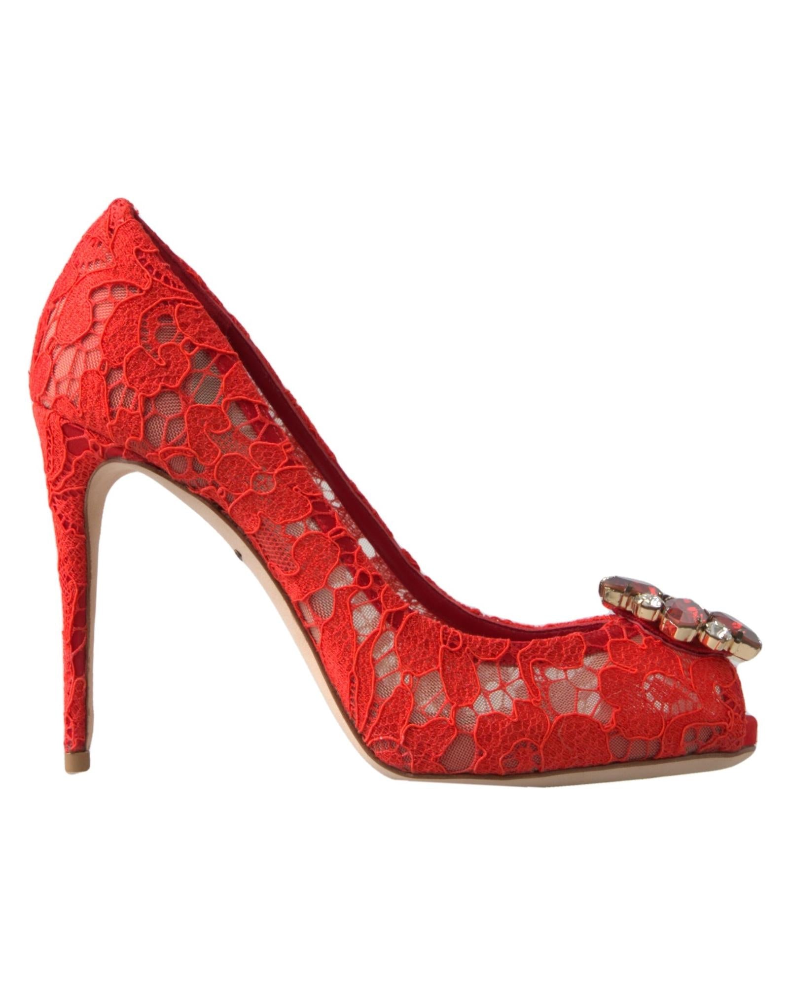 Dolce & Gabbana Women's Red Taormina Lace Crystal Heels Pumps Shoes - 36.5 EU