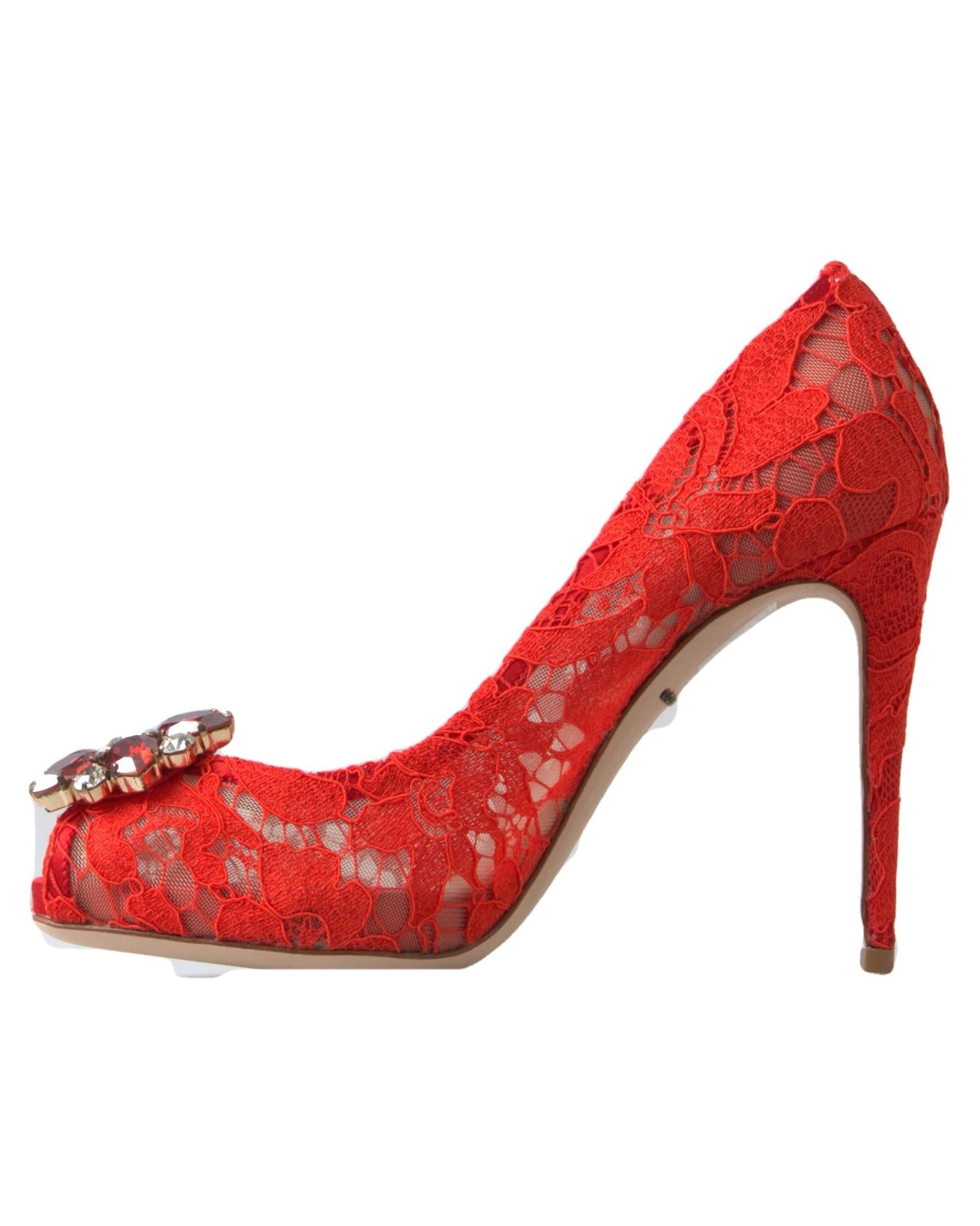 Dolce & Gabbana Women's Red Taormina Lace Crystal Heels Pumps Shoes - 37.5 EU