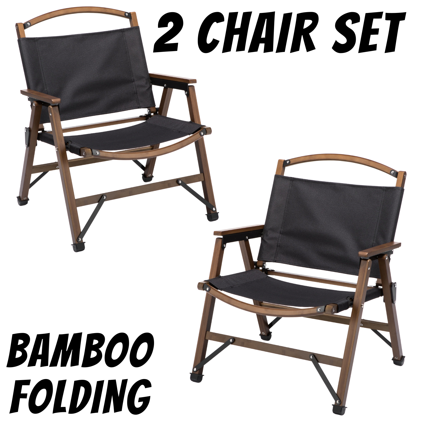 2x Bamboo Canvas Foldable Outdoor Camping Chair Wooden Travel Picnic Park - Black