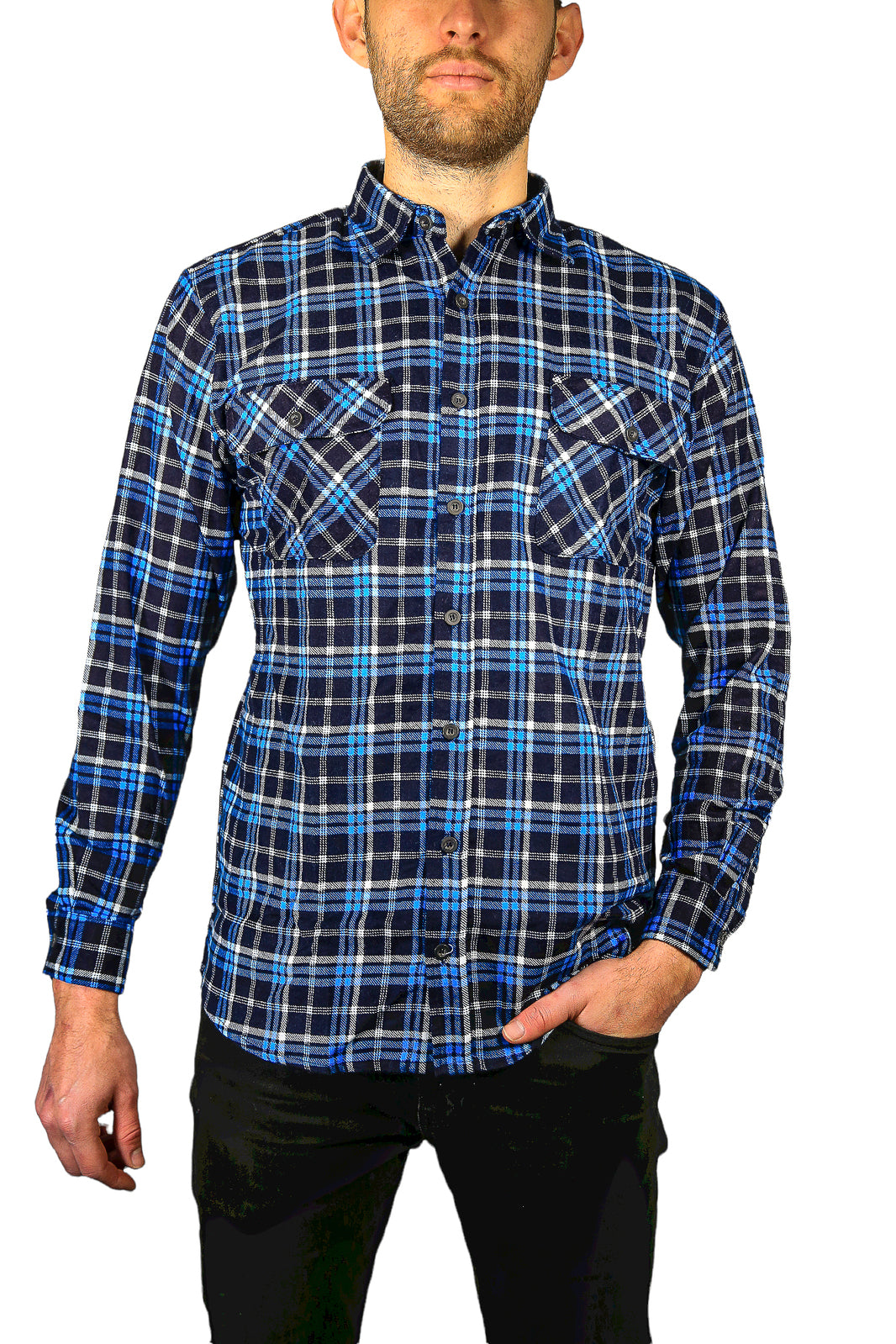 Mens Flannelette Long Sleeve Shirt 100% Cotton Check Authentic Flannel - Full Placket - Turquoise/Black - XXL