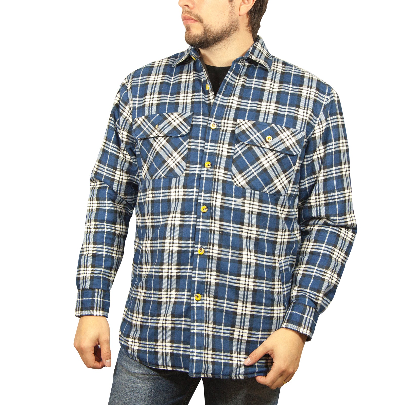 Mens Flannelette Long Sleeve Shirt 100% Cotton Check - Full Placket - Spanish Blue - 5XL