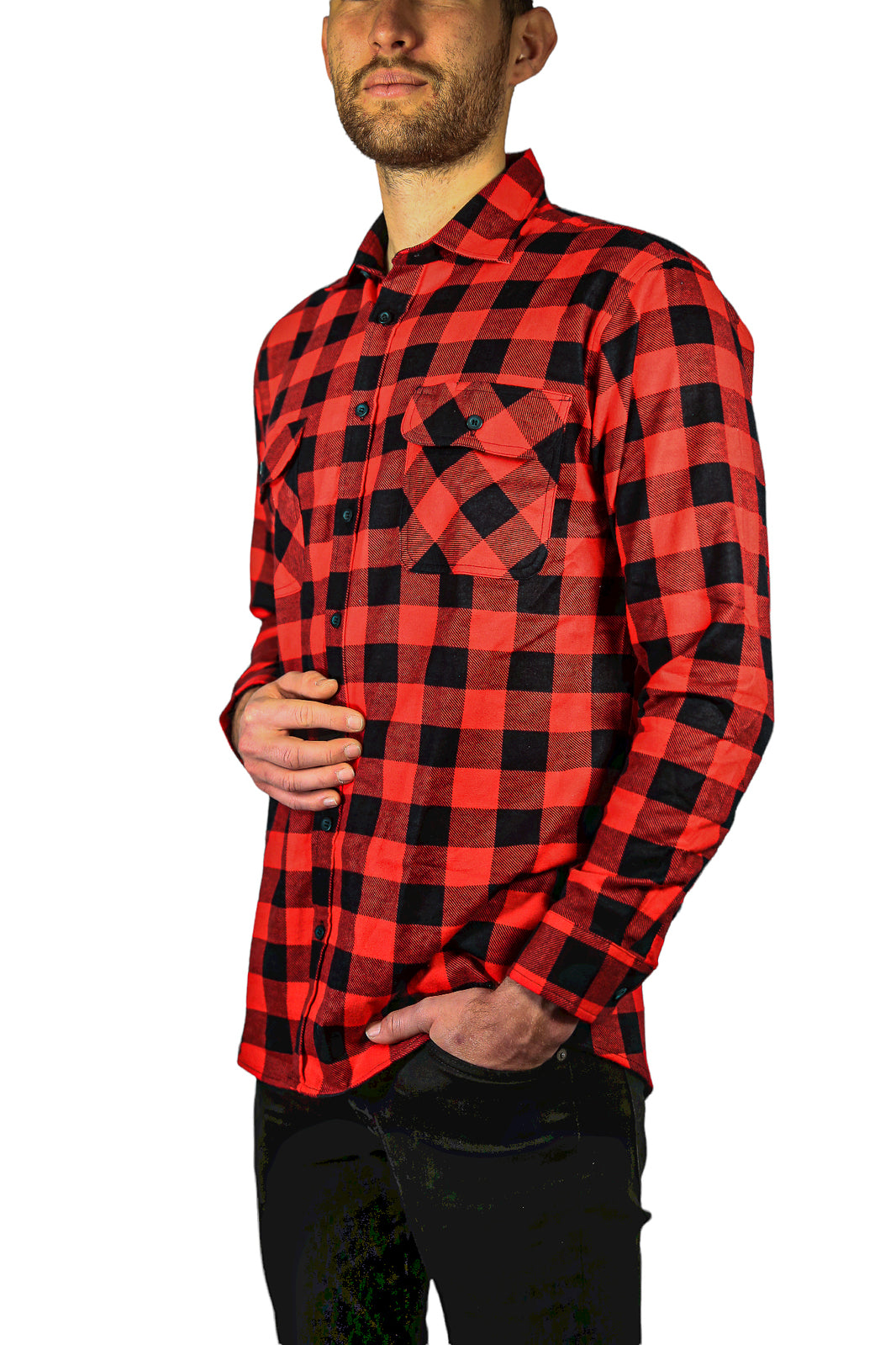 Mens 100% Cotton Flannelette Shirt Long Sleeve Check Authentic Flannel - Red/Black - M