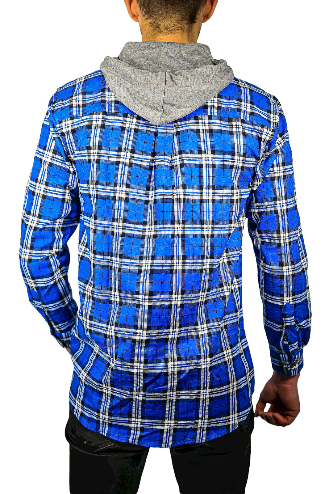 Mens Cotton Flannelette Shirt w Jersey Hood Long Sleeve Flannel - Spanish Blue - 6XL