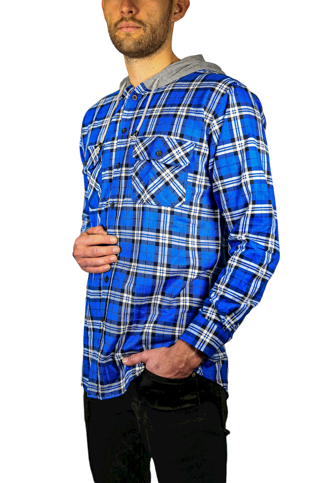 Mens Cotton Flannelette Shirt w Jersey Hood Long Sleeve Flannel - Spanish Blue - S