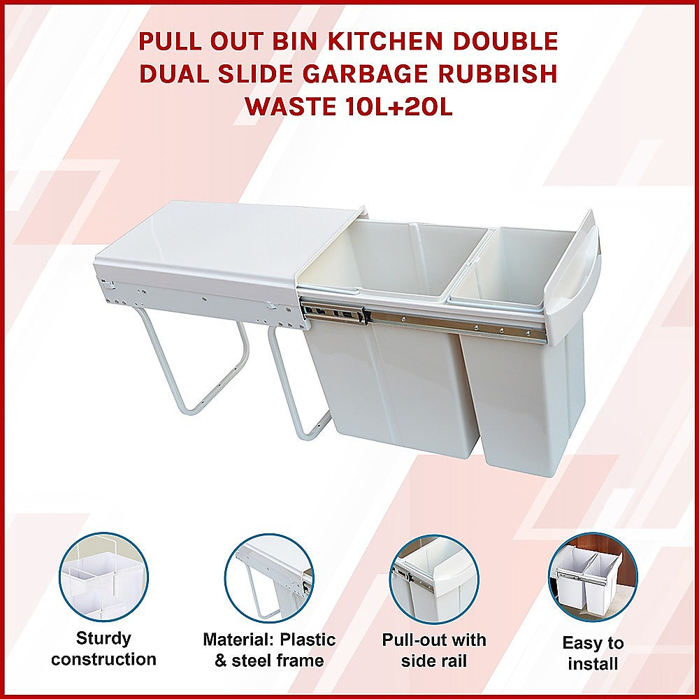 Pull Out Bin Kitchen Double Dual Slide Garbage Rubbish Waste 10L+20L