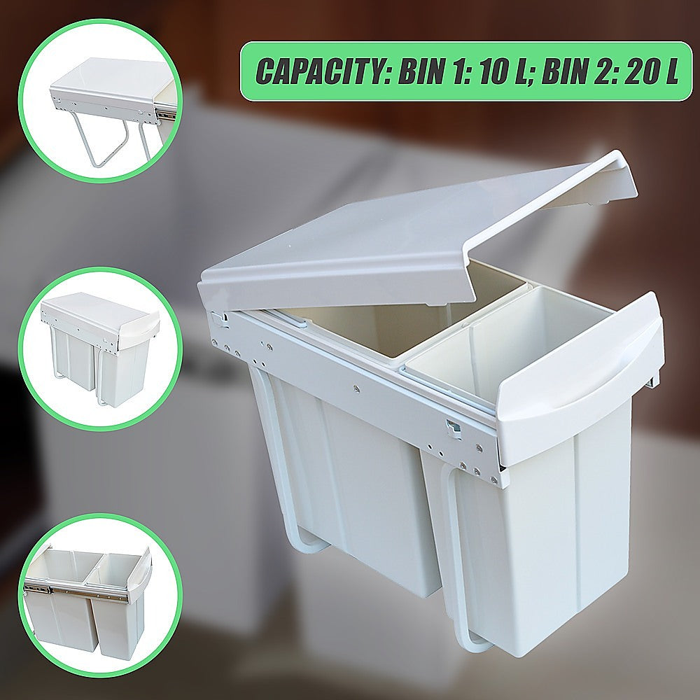 Pull Out Bin Kitchen Double Dual Slide Garbage Rubbish Waste 10L+20L