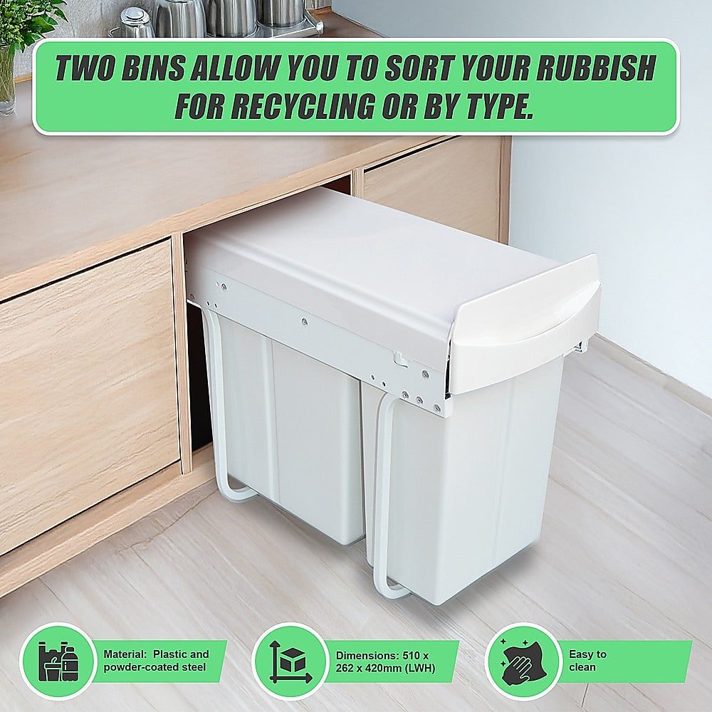 Pull Out Bin Kitchen Double Dual Slide Garbage Rubbish Waste 10L+20L