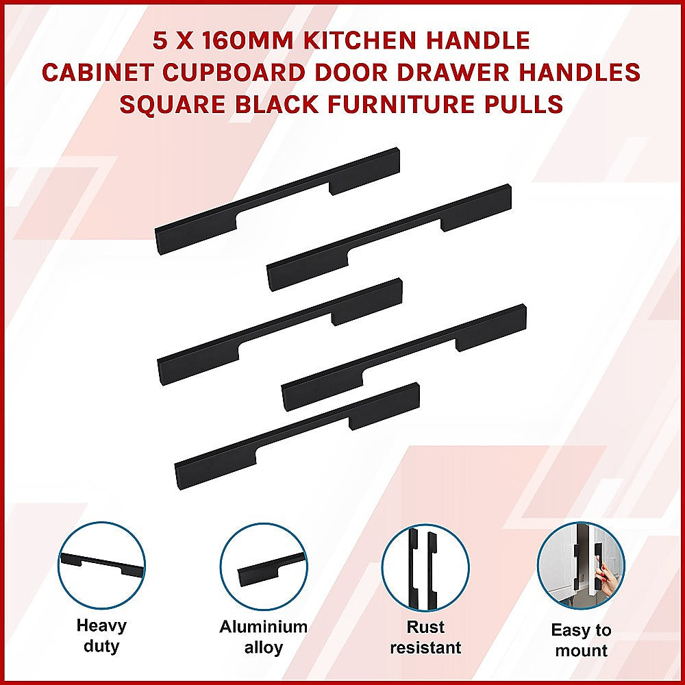 5 x 160mm Kitchen Handle Cabinet Cupboard Door Drawer Handles square Black furniture pulls