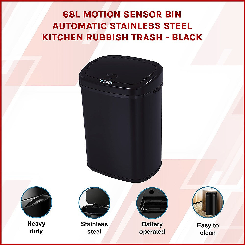 68L Motion Sensor Bin Automatic Stainless Steel Kitchen Rubbish Trash - Black