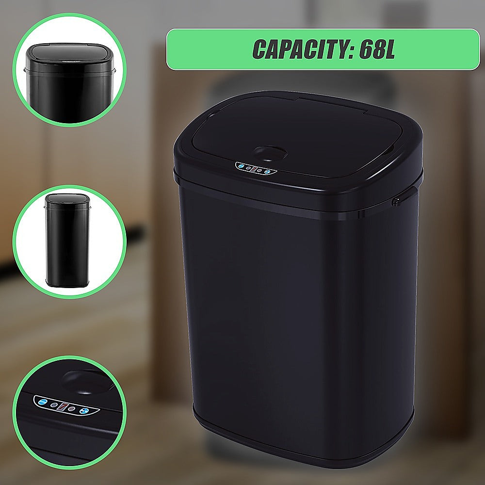 68L Motion Sensor Bin Automatic Stainless Steel Kitchen Rubbish Trash - Black