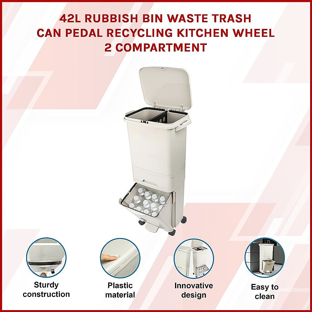 42L Rubbish Bin Waste Trash Can Pedal Recycling Kitchen Wheel 2 Compartment