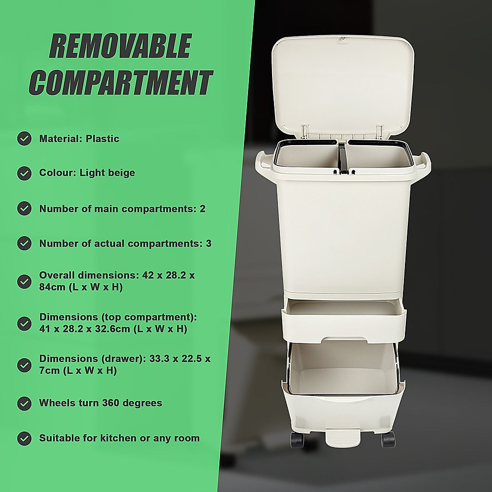 42L Rubbish Bin Waste Trash Can Pedal Recycling Kitchen Wheel 2 Compartment