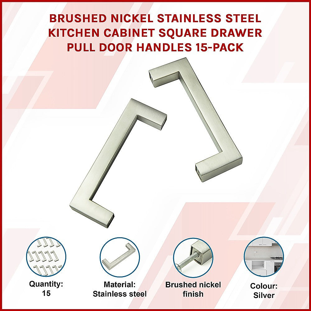 Brushed Nickel Stainless Steel Kitchen Cabinet Square Drawer Pull Door Handles 15-Pack