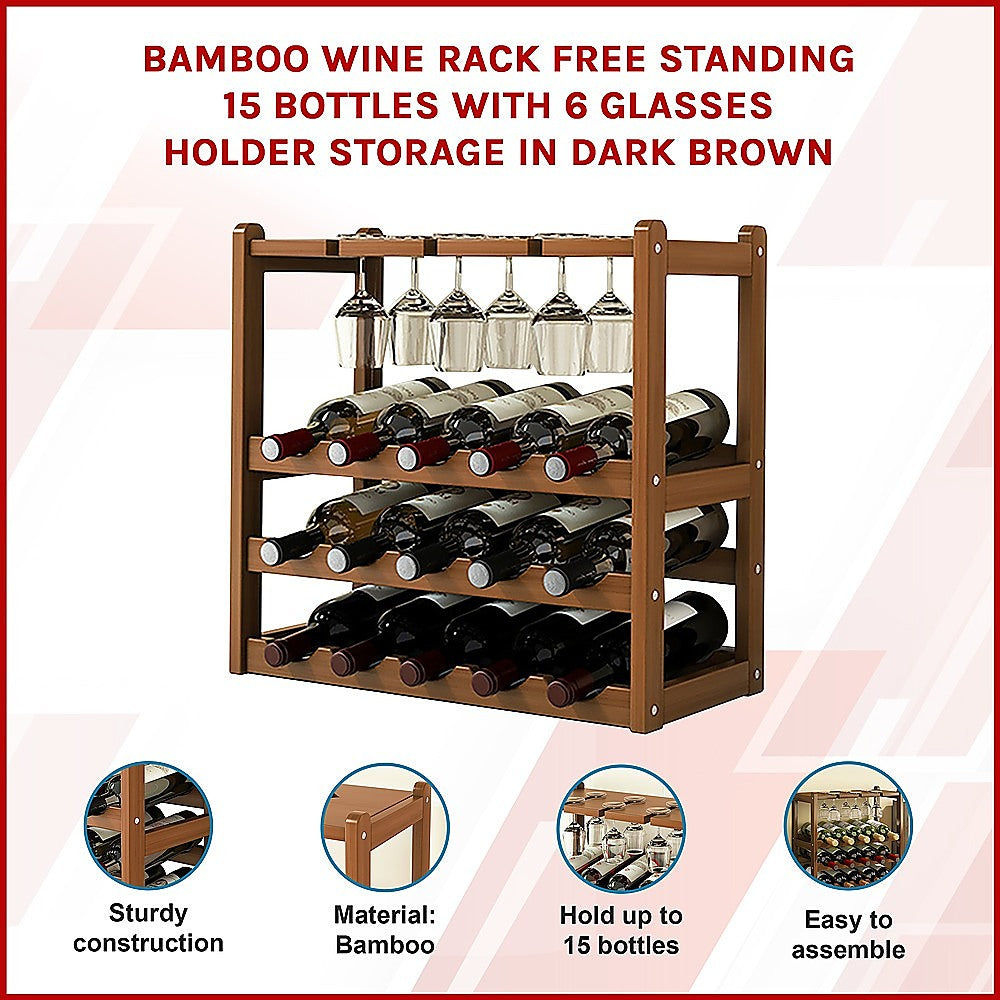 Wine Rack Free Standing 15 Bottles with 6 Glasses Holder Bamboo Wine Storage