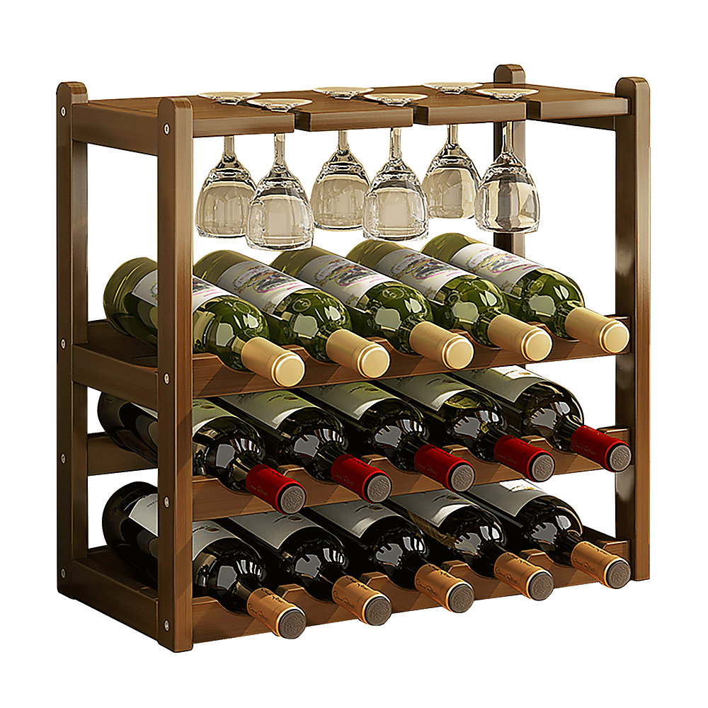 Wine Rack Free Standing 15 Bottles with 6 Glasses Holder Bamboo Wine Storage