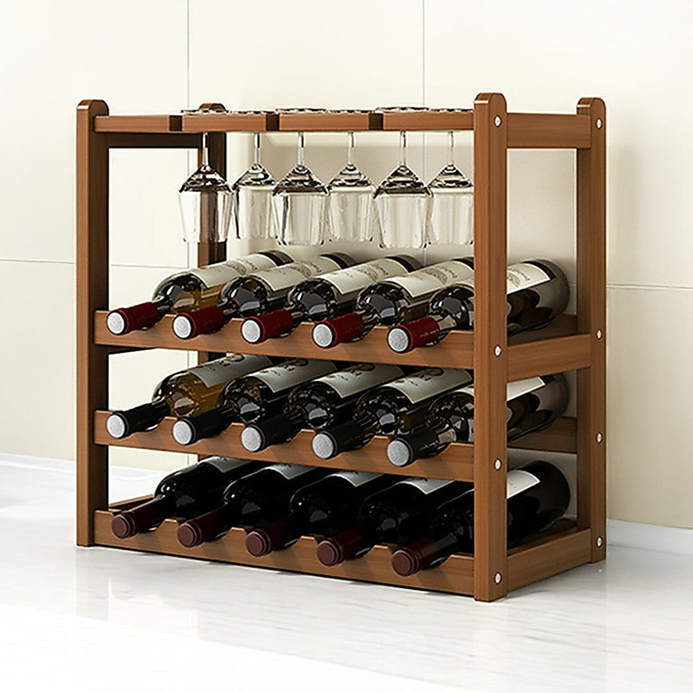 Wine Rack Free Standing 15 Bottles with 6 Glasses Holder Bamboo Wine Storage