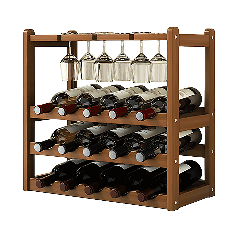 Wine Rack Free Standing 15 Bottles with 6 Glasses Holder Bamboo Wine Storage