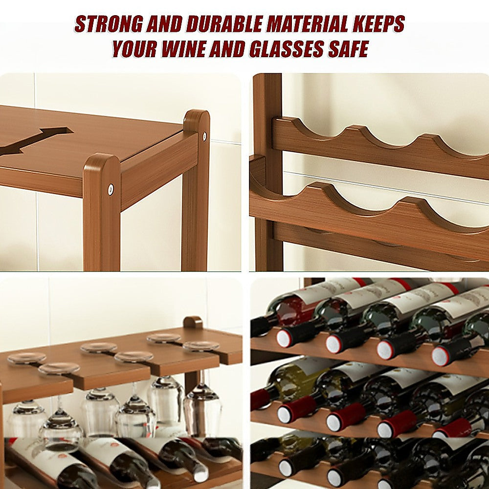 Wine Rack Free Standing 15 Bottles with 6 Glasses Holder Bamboo Wine Storage