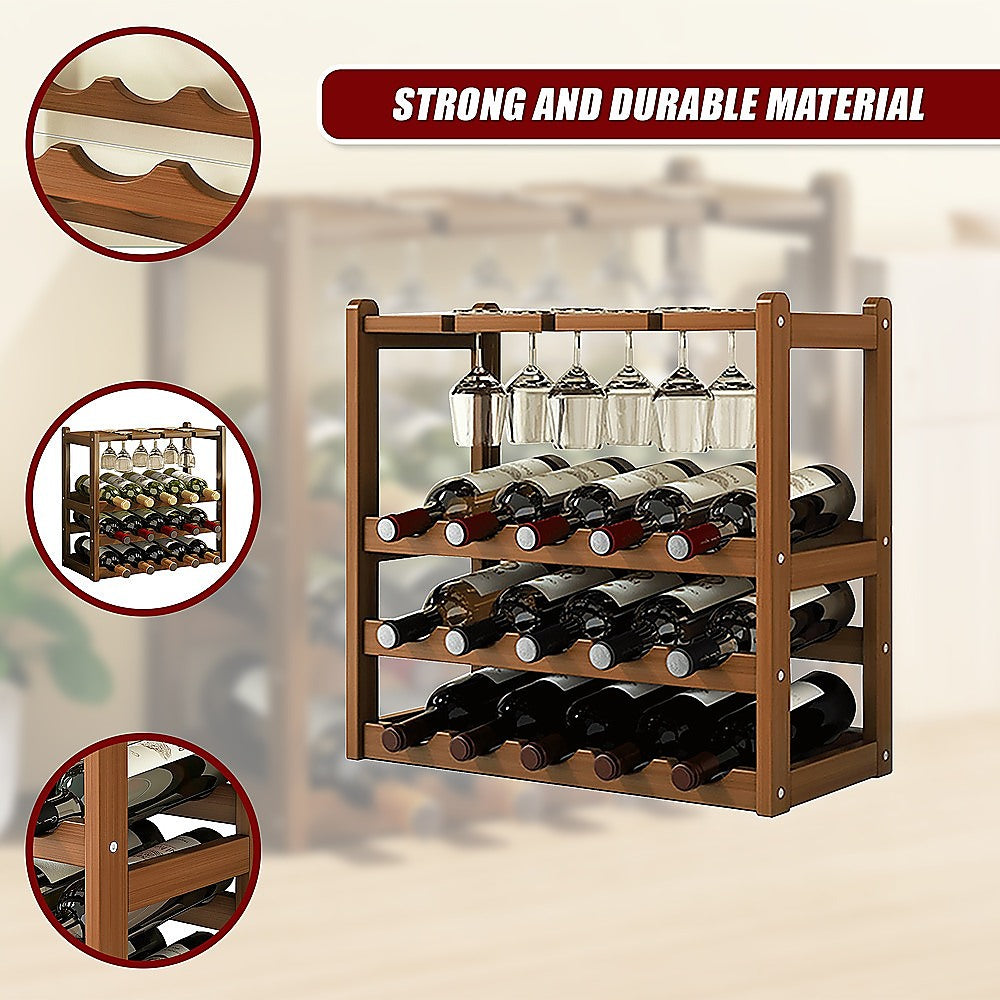 Wine Rack Free Standing 15 Bottles with 6 Glasses Holder Bamboo Wine Storage