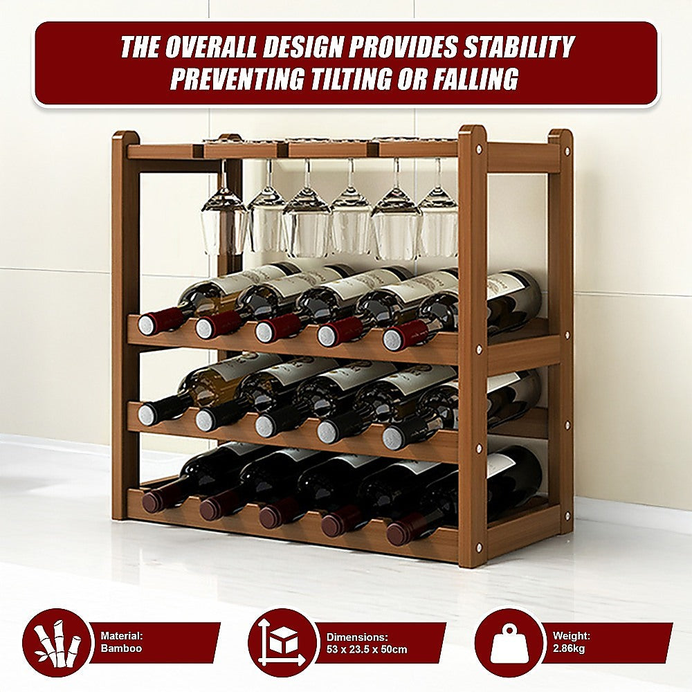 Wine Rack Free Standing 15 Bottles with 6 Glasses Holder Bamboo Wine Storage