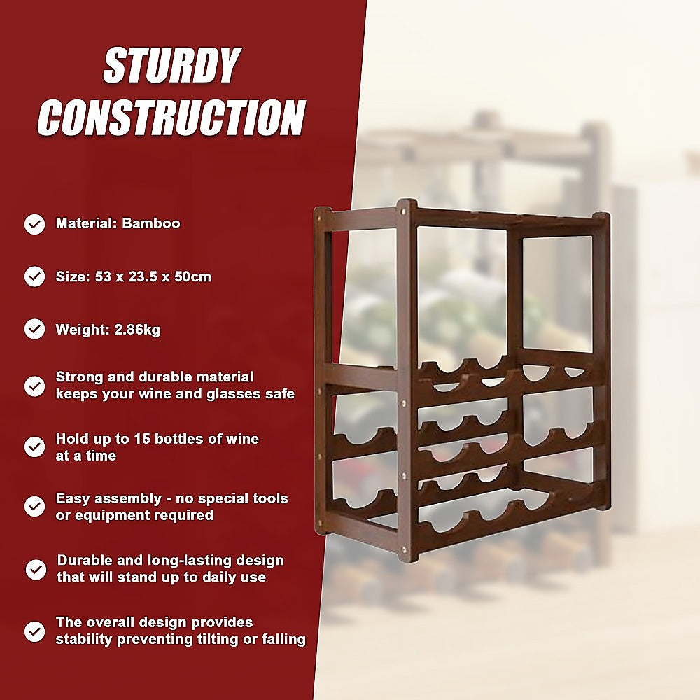 Wine Rack Free Standing 15 Bottles with 6 Glasses Holder Bamboo Wine Storage