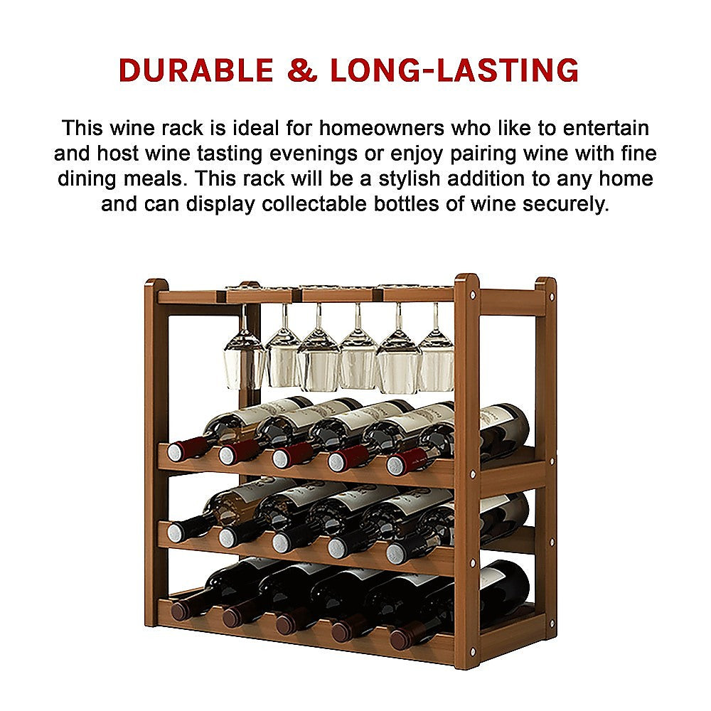 Wine Rack Free Standing 15 Bottles with 6 Glasses Holder Bamboo Wine Storage