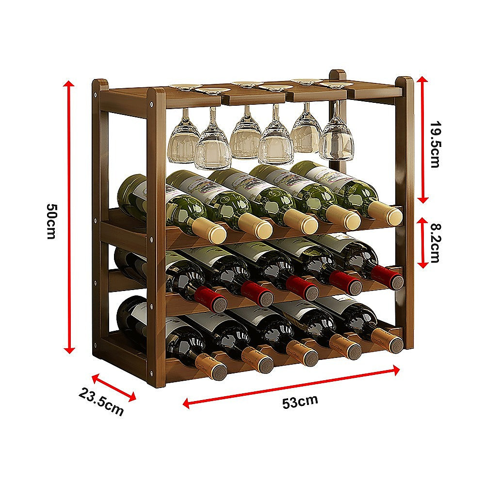 Wine Rack Free Standing 15 Bottles with 6 Glasses Holder Bamboo Wine Storage