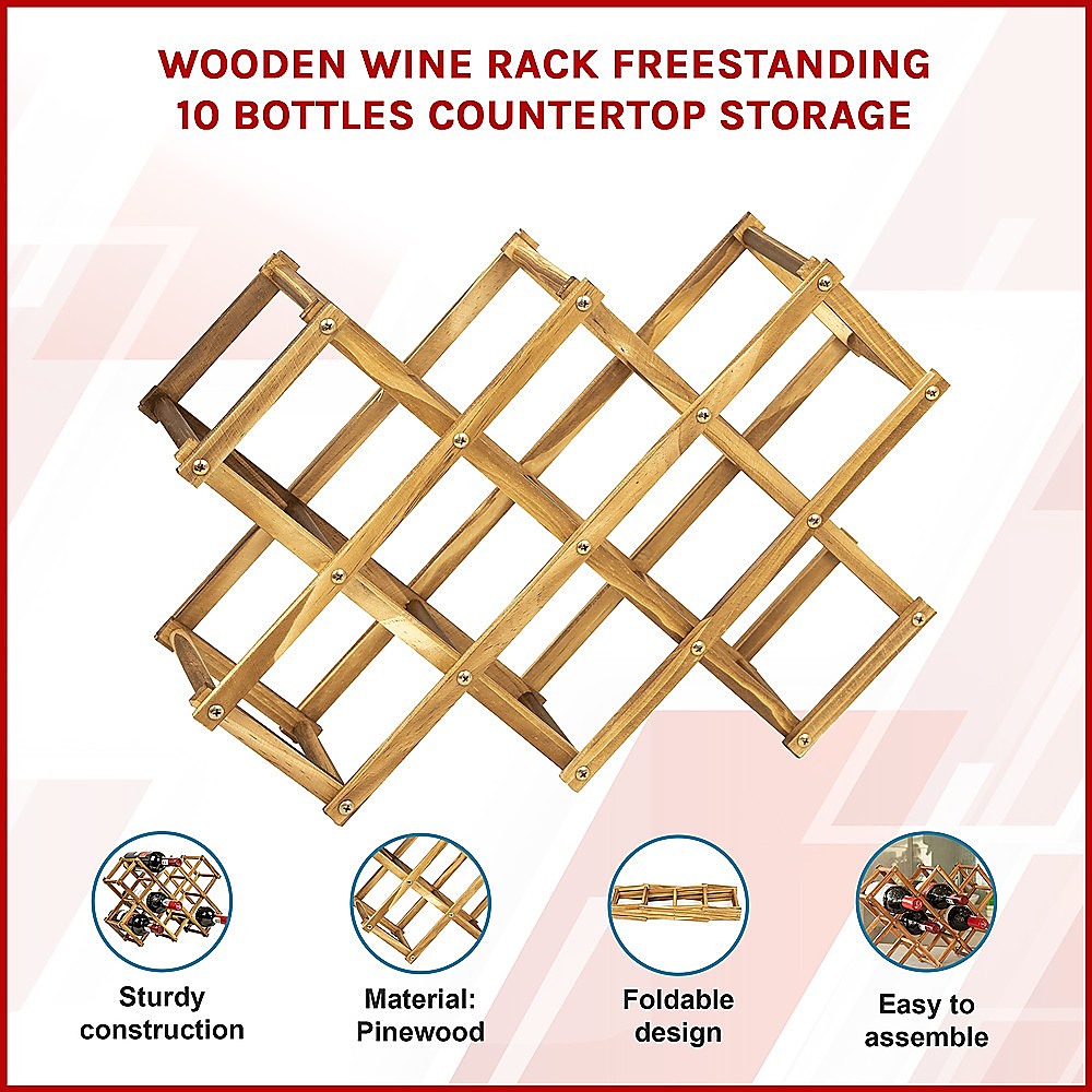 Wooden Wine Rack Freestanding 10 Bottles Countertop Storage