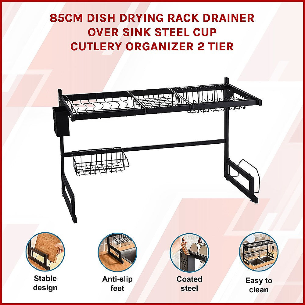 85cm Dish Drying Rack Drainer Over Sink Steel Cup Cutlery Organizer 2 Tier