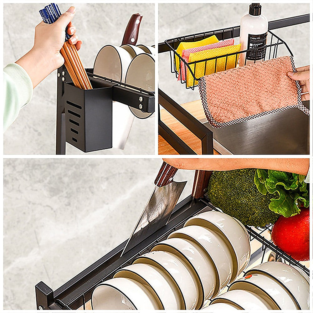 85cm Dish Drying Rack Drainer Over Sink Steel Cup Cutlery Organizer 2 Tier