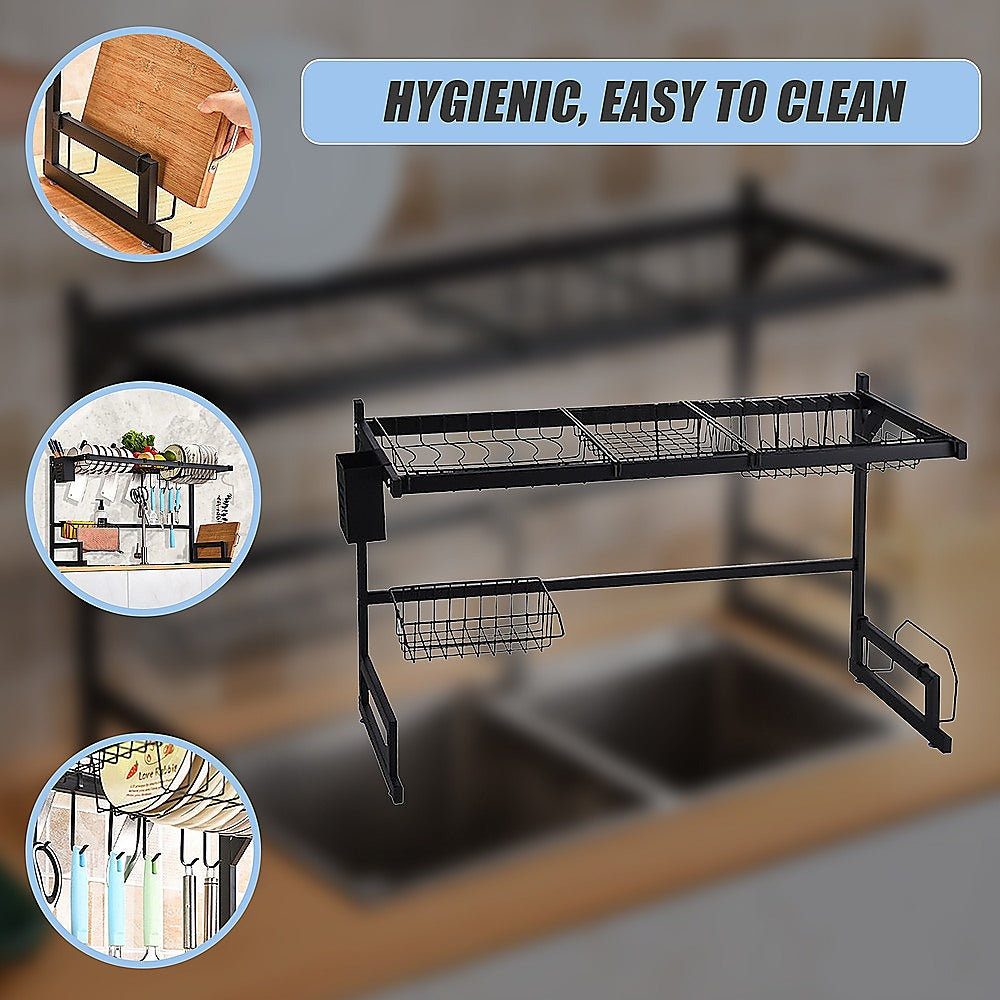 85cm Dish Drying Rack Drainer Over Sink Steel Cup Cutlery Organizer 2 Tier