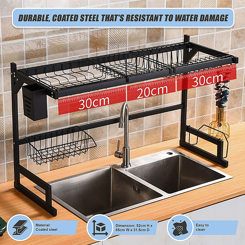 85cm Dish Drying Rack Drainer Over Sink Steel Cup Cutlery Organizer 2 Tier