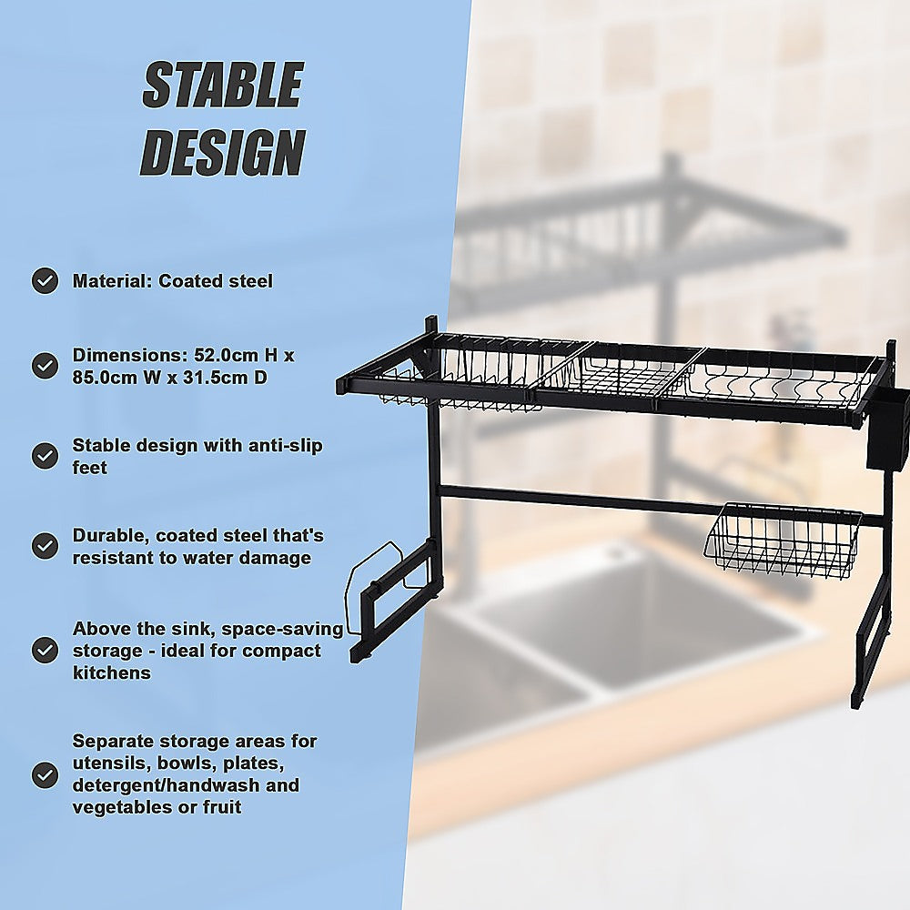 85cm Dish Drying Rack Drainer Over Sink Steel Cup Cutlery Organizer 2 Tier