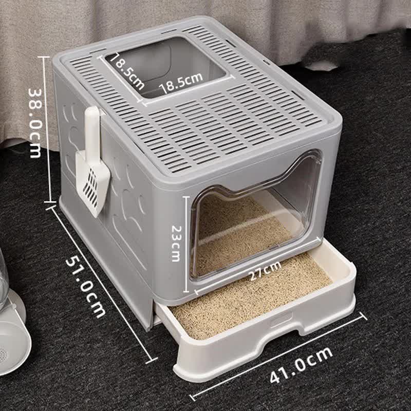 Foldable Cat Litter Box with Pull-Out Tray -Easy Cleaning and Anti-Splash Design Grey 51*41*38cm