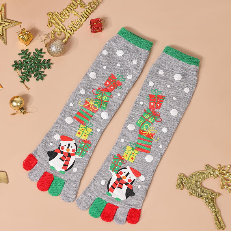 Penguin Christmas tabi socks with gift tower design, women's cartoon stockings 5 pairs