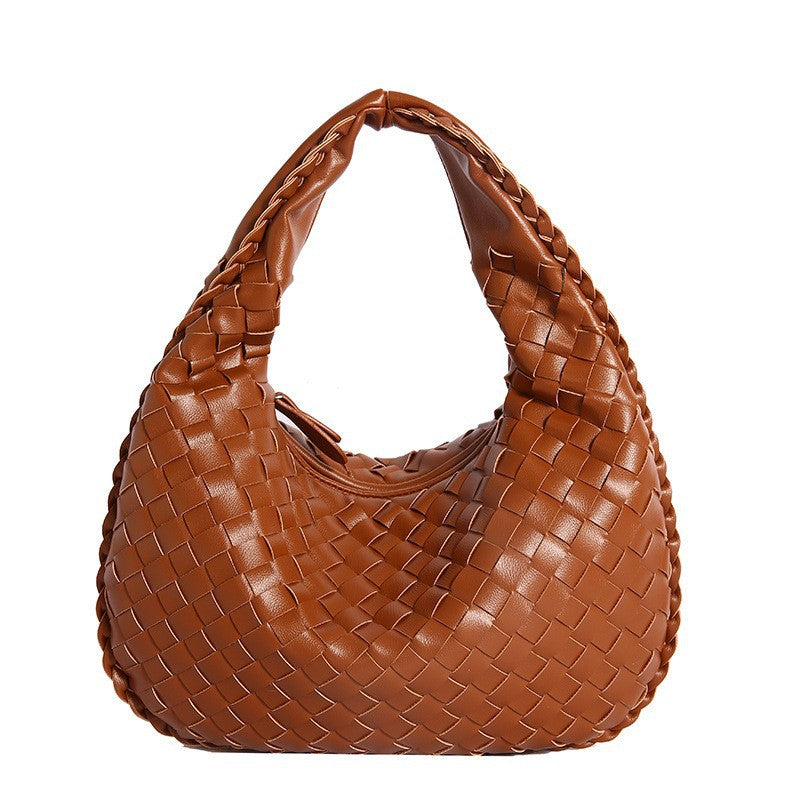 Luxury Woven PU Leather Hobo Bag - Elegant Shoulder Tote 34*21cm (Brown)