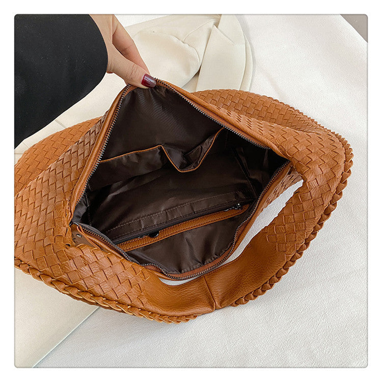 Luxury Woven PU Leather Hobo Bag - Elegant Shoulder Tote 34*21cm (Brown)