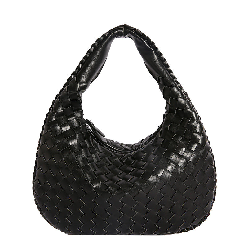 Luxury Woven PU Leather Hobo Bag - Elegant Shoulder Tote 34*21cm (Black)